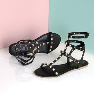 Rivets Studs Rockstuds Flat Sandals Strappy Black